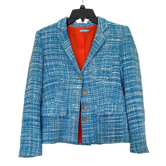 J.McLaughlin Blossom Tweed Jacket Collared Blazer Silk Blue Size 4 - Picture 1 of 5